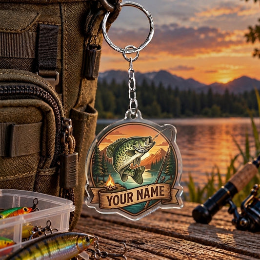 Maxcorners Vintage Orange Sunset Fishing Badge Personalized Name 2D Acrylic Keychain Ornament (8 Fish Species)