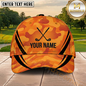 Maxcorners Golf Orange Camouflage Crossed Clubs Personalized Name 3D Cap