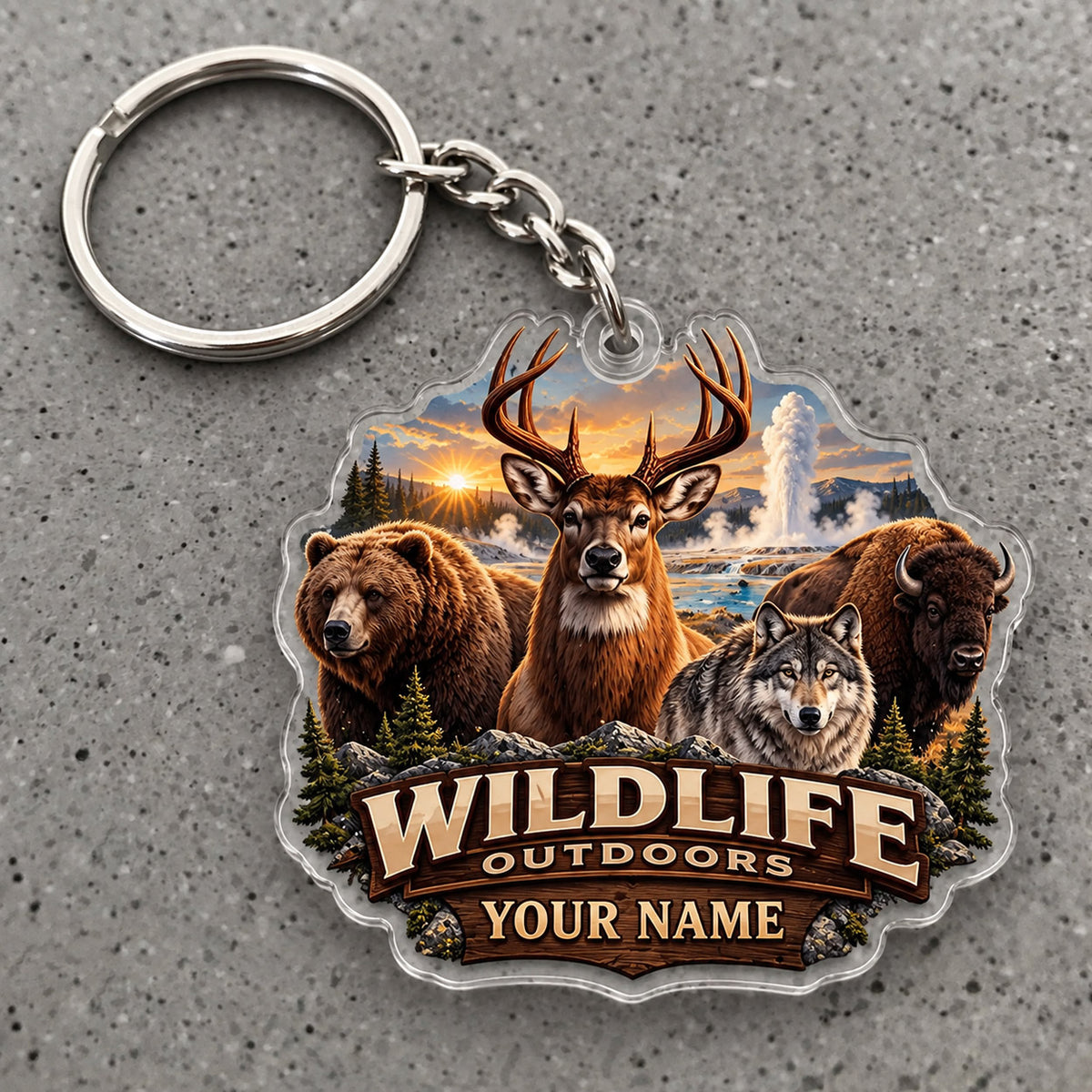 Maxcorners Wildlife Outdoors Elk Bear Forest Scene Custom Name Trap Hunting Custom Gift 2D Flat Acrylic Ornament, Keychain