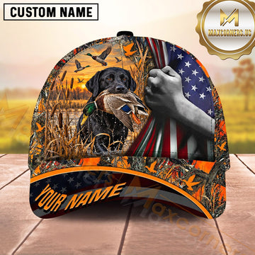 Maxcorners Dog Hunting And Duck Hunting American Flag Woodland Design Multiple Options Personalized Name 3D Cap