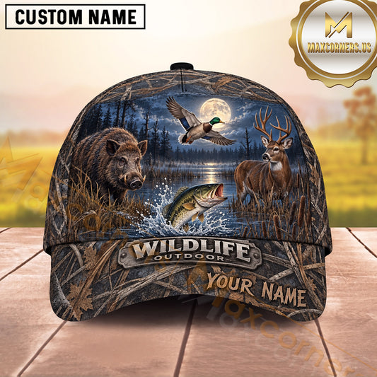 Maxcorners Moonlight Deer Wild Boar Duck Bass Wildlife Outdoor Hunting Multicolor Options Personalized Name 3D Cap