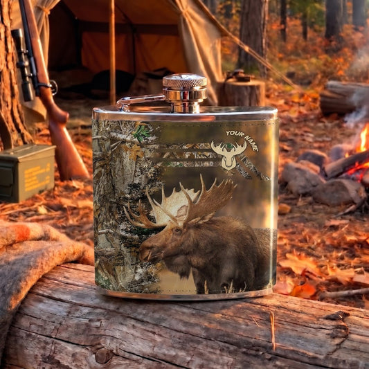 Maxcorners Moose Hunting Majestic Bull Moose Woodland Scene Multiple Options Personalized Name 3D Hip Flask