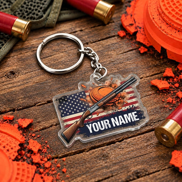 Maxcorners Patriotic American Flag Shotgun Badge Trap Shooting Personalized Name Acrylic Keychain