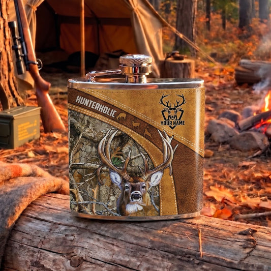 Maxcorners Deer Hunting Vintage Antler Frame and Woodland Buck Multiple Options Personalized Name 3D Hip Flask