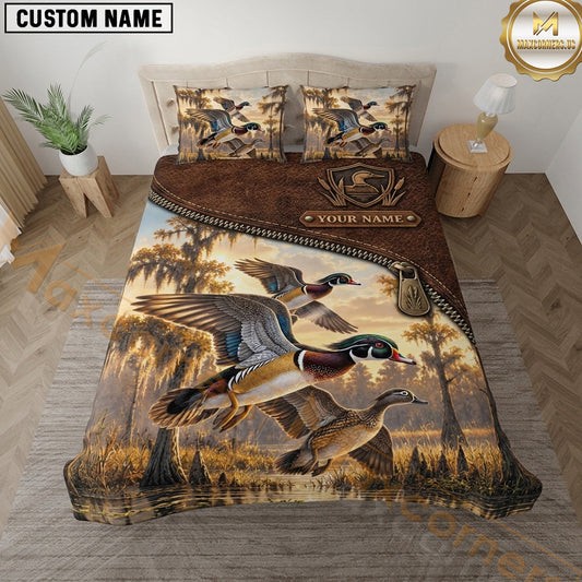 Maxcorners Duck Hunting Flying Mallards Rustic Leather Marsh Artwork Multiple Options Personalized Name 3D Printed Bedding Set