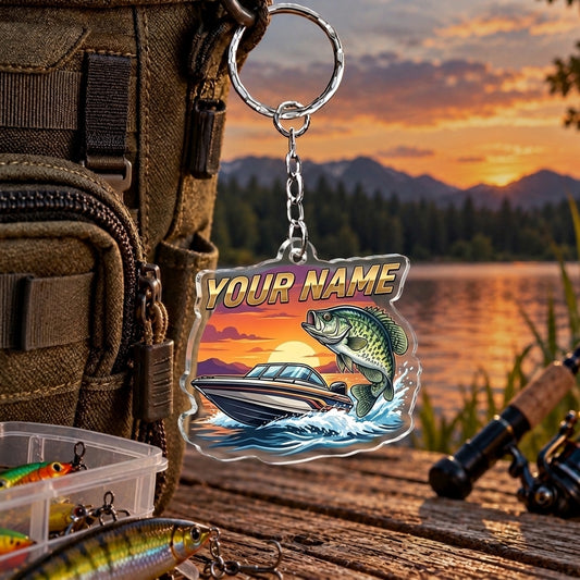 Maxcorners Sunset Speedboat Fishing Artwork Personalized Name 2D Acrylic Keychain Ornament (8 Fish Species)