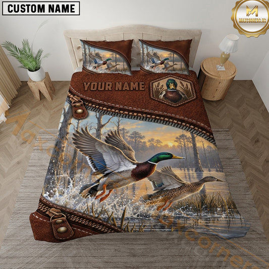 Maxcorners Duck Hunting Mallard Vintage Leather Waterfowl Artwork Multiple Options Personalized Name 3D Printed Bedding Set