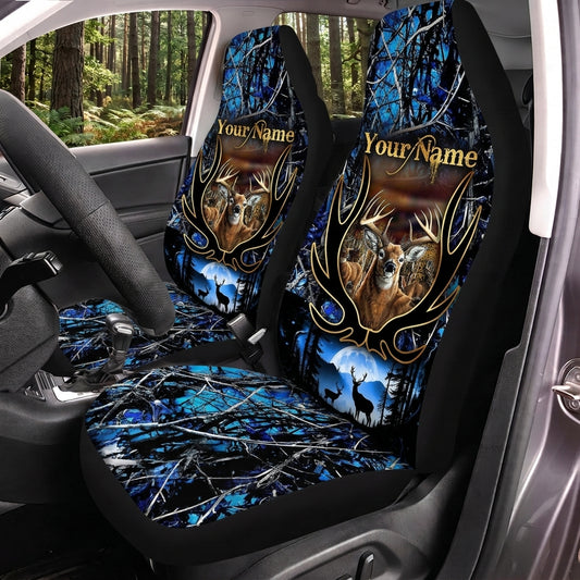 Maxcorners Deer Hunting Blue Skull Camo Personalized Name Car Seat Covers