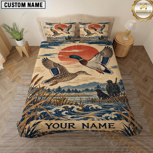 Maxcorners Duck Hunting Flying Mallards Retro Sunset Wetland Artwork Multiple Options Personalized Name 3D Printed Bedding Set