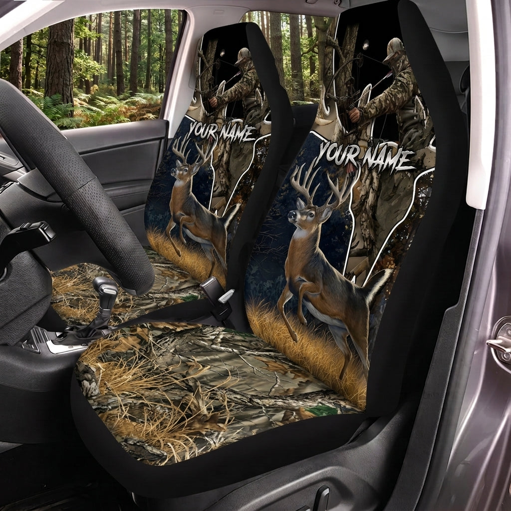 Maxcorners Deer Hunting Buck Dark Woodland Personalized Name Car Seat Covers