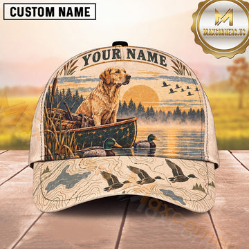Maxcorners Duck Hunting Hunting Dog Boat Wetland Ducks Sunset Scene Multiple Options Personalized Name 3D Cap