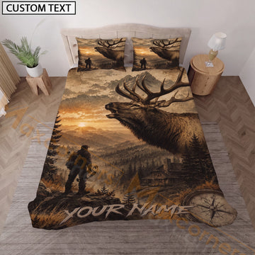 Maxcorners Personalized Elk Hunting Bedding Set, Custom Name Mountain Sunset Elk Hunter Compass Bedding, Hunting Cabin Gift for Hunter