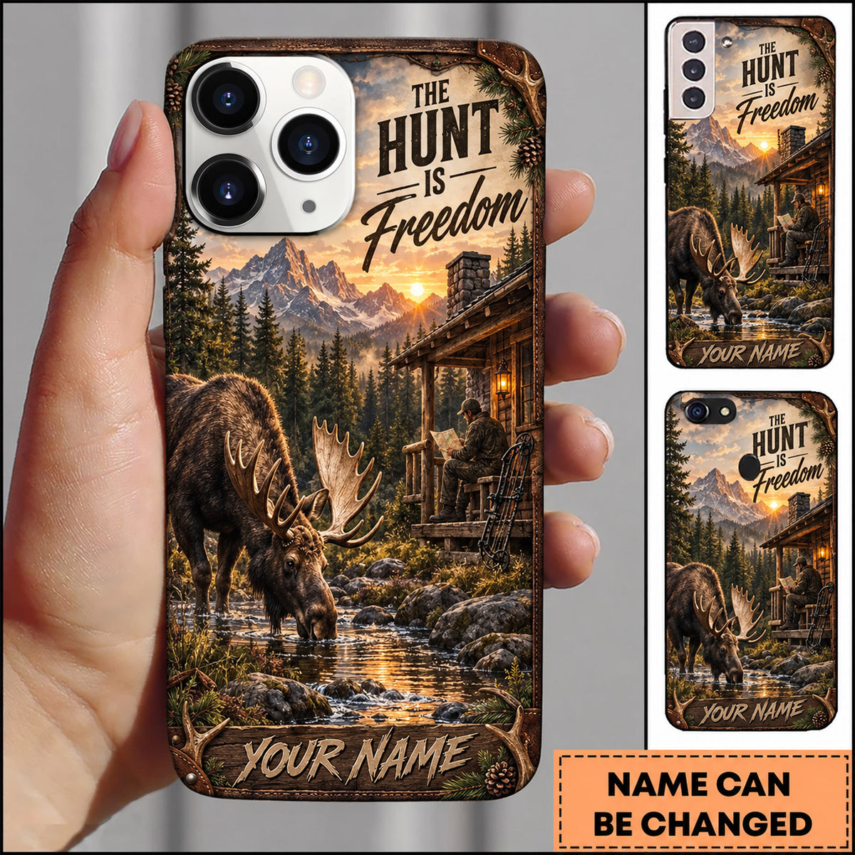 Maxcorners Hunting Freedom Cabin River Wilderness Scene Personalized Name 3D Phone Case