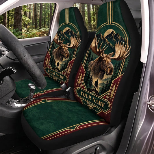 Maxcorners Deer Hunting Green Vintage Emblem Personalized Name Car Seat Covers