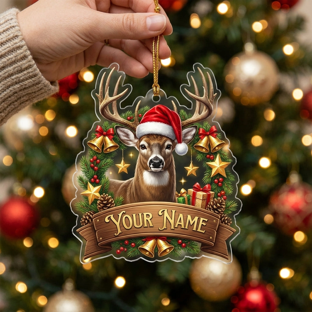 Maxcorners Whitetail Buck Santa Hat Woodland Christmas Personalized Name Christmas Ornament