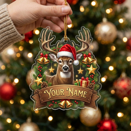 Maxcorners Whitetail Buck Santa Hat Woodland Christmas Personalized Name Christmas Ornament