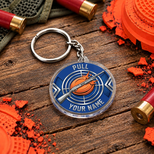 Maxcorners Blue Circular Shooting Target Emblem Trap Shooting Personalized Name Acrylic Keychain