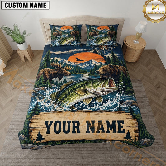 Maxcorners Bass Fishing Mountain Lake Sunset Trophy Fish Artwork Multiple Options Personalized Name 3D Printed Bedding Set