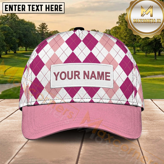 Maxcorners Golf Pink White Argyle Classic Personalized Name 3D Cap