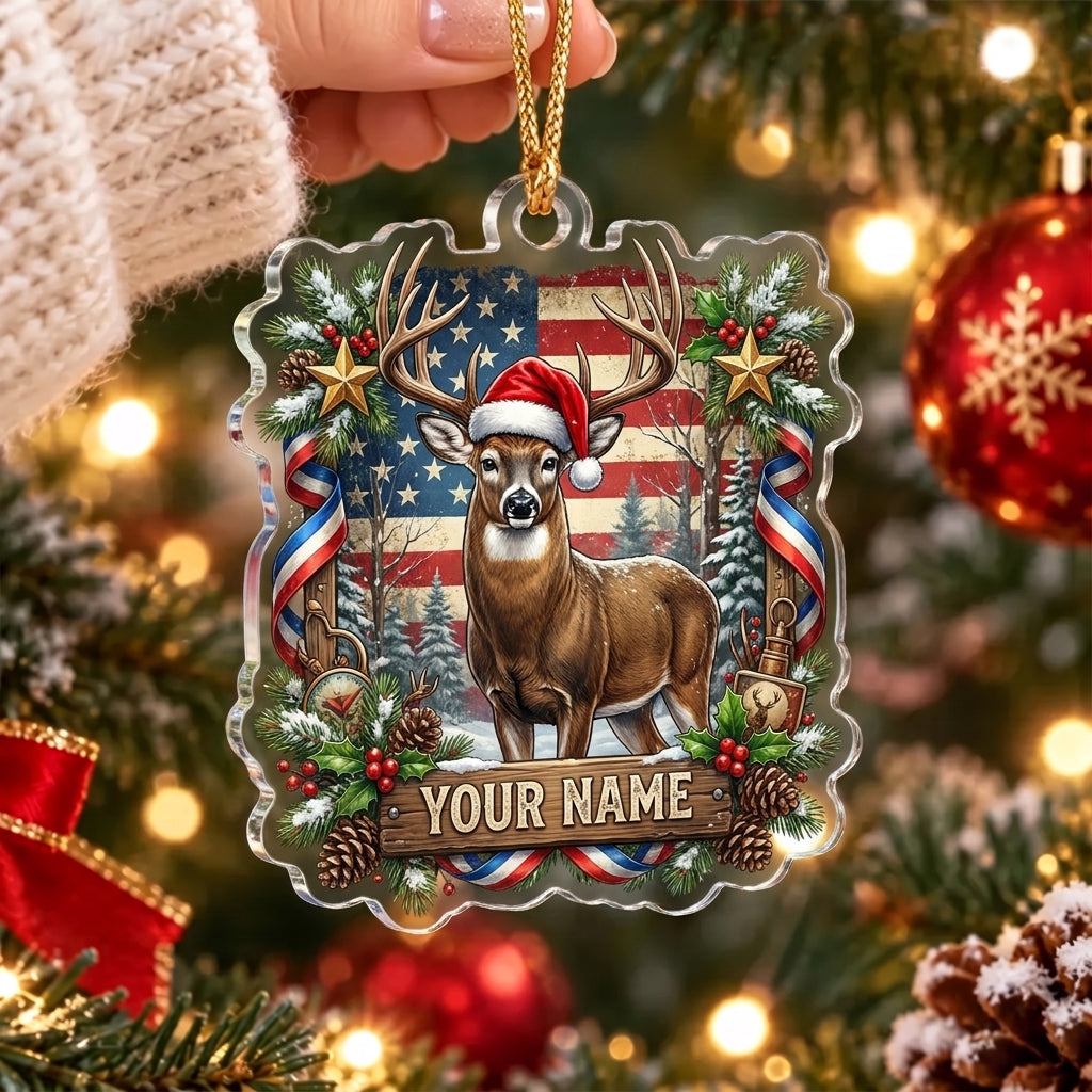 Maxcorners Patriotic American Flag Whitetail Deer Christmas Personalized Name Christmas Ornament