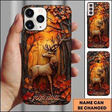 Maxcorners Deer Wildlife Autumn Forest Wood Carving Art Multiple Options Personalized Name Phone Case
