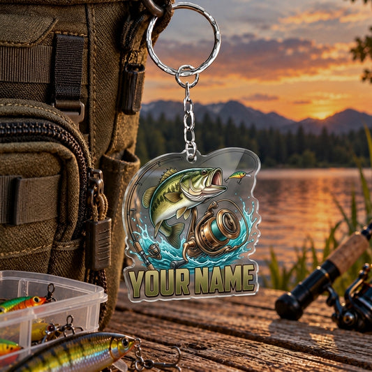 Maxcorners Metallic Silver Fishing Reel Artwork Personalized Name 2D Acrylic Keychain Ornament (8 Fish Species)