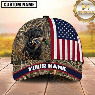 Maxcorners Patriotic American Flag Marsh Camo Duck Hunting With Dogs Multi Options Personalized Name 3D Cap