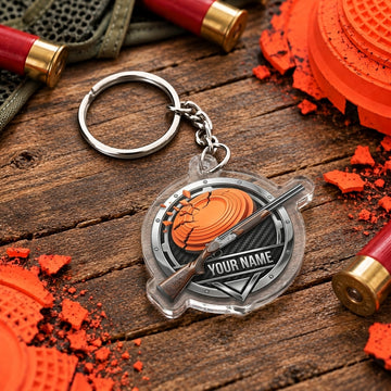 Maxcorners Silver Orange Shotgun Target Crest Trap Shooting Personalized Name Acrylic Keychain
