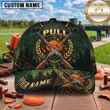 Maxcorners Trap Shooting Crossed Shotguns Clay Target Emblem Graphic Multiple Options Personalized Name 3D Cap