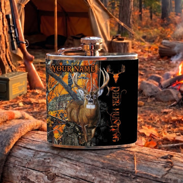 Maxcorners Deer Hunting Whitetail Buck and Dynamic Woodland Graphics Multiple Options Personalized Name 3D Hip Flask