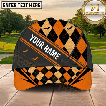 Maxcorners Golf Halloween Orange Black Argyle Personalized Name 3D Cap