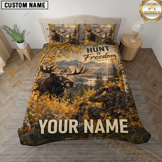 Maxcorners Moose Hunting Hunt Freedom Autumn Forest Wildlife Scene Multiple Options Personalized Name 3D Printed Bedding Set