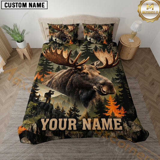 Maxcorners Moose Hunting Mountain Forest Autumn Wildlife Scene Multiple Options Personalized Name 3D Printed Bedding Set