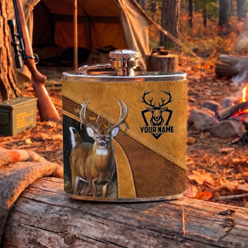 Maxcorners Deer Hunting Whitetail Buck and Rustic Antler Emblem Multiple Options Personalized Name 3D Hip Flask