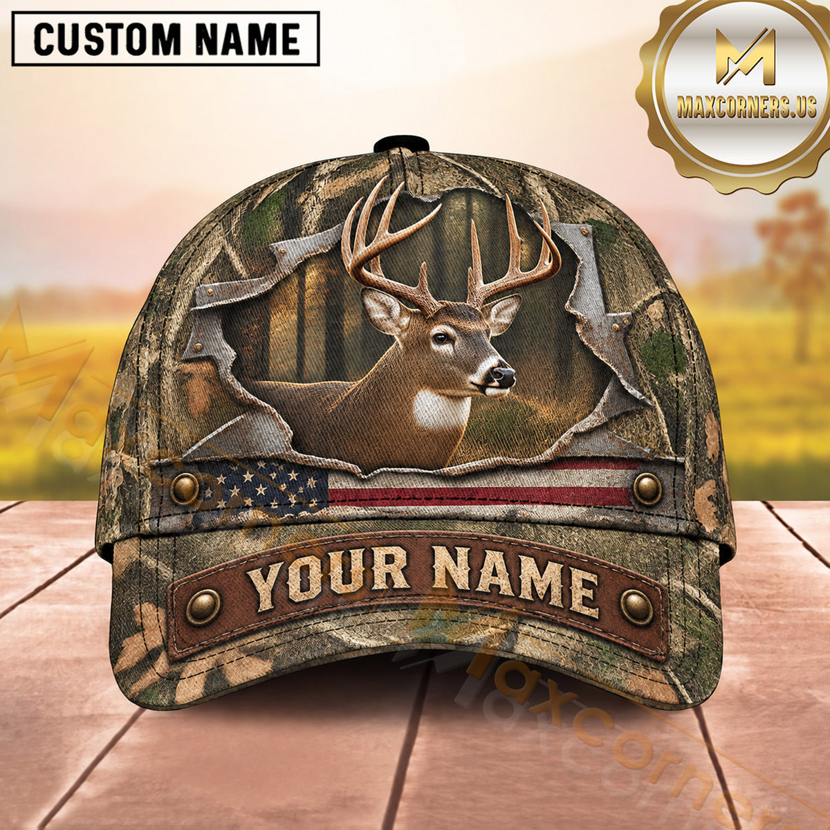 Maxcorners Deer Hunting Whitetail Buck Rustic Forest Patch Design  Personalized Name 3D Cap