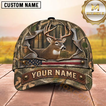 Maxcorners Deer Hunting Whitetail Buck Rustic Forest Patch Design  Personalized Name 3D Cap