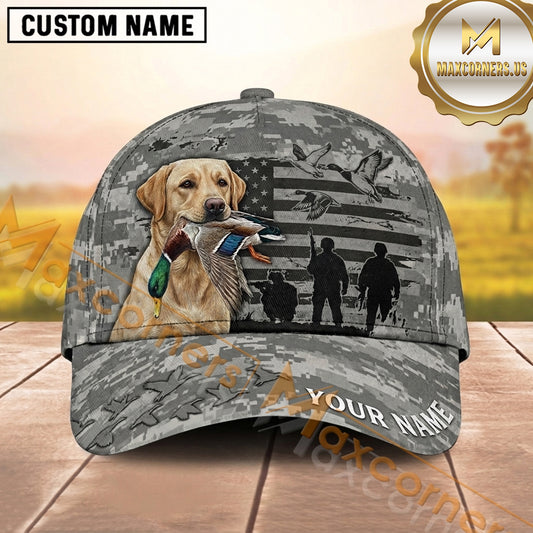Maxcorners Military Gray Digital Camo Hunter Silhouette Duck Hunting With Dogs Multi Options Personalized Name 3D Cap