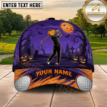 Maxcorners Golf Purple Halloween Pumpkin Golfer Personalized Name 3D Cap