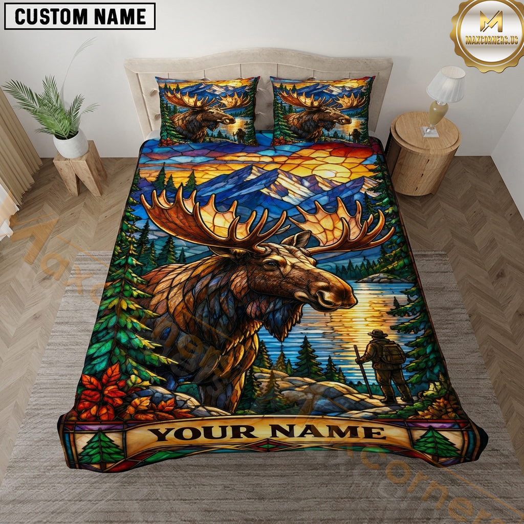 Maxcorners Moose Hunting Stained Glass Forest Mountain Artwork Multiple Options Personalized Name 3D Printed Bedding Set