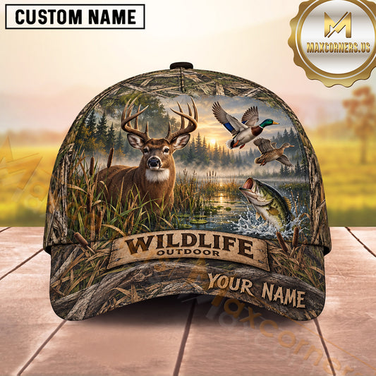 Maxcorners Marsh Grass Deer Flying Ducks Bass Wildlife Outdoor Hunting Multicolor Options Personalized Name 3D Cap