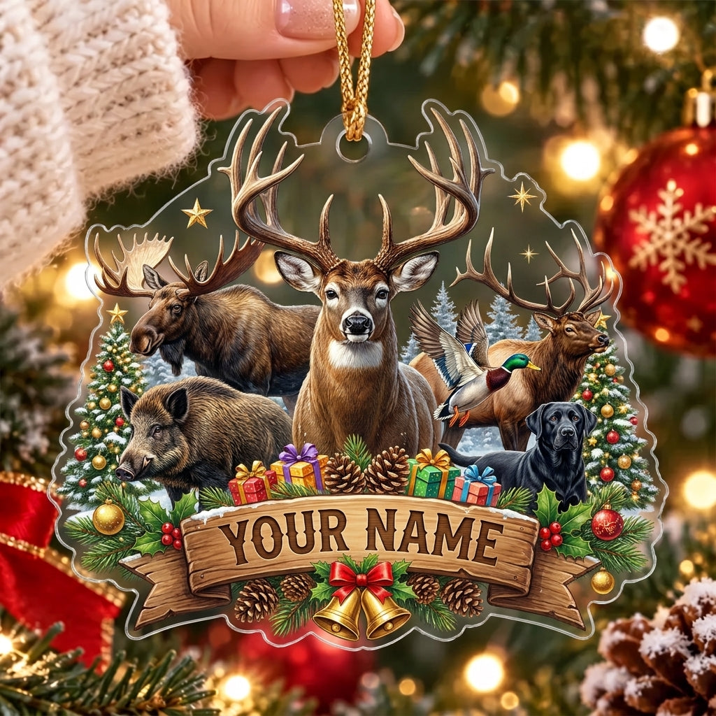 Maxcorners Deer Moose and Boar Festive Woodland Personalized Name Christmas Ornament