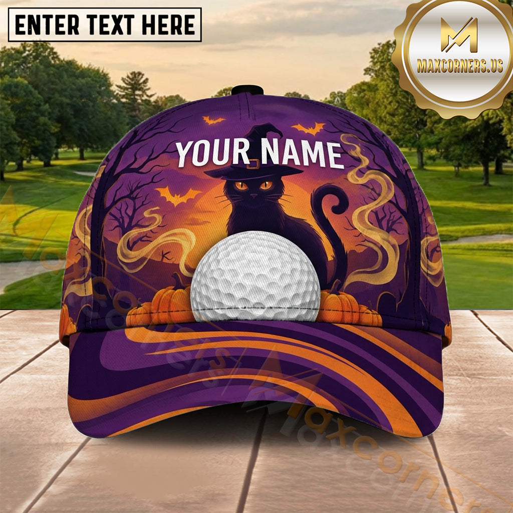 Maxcorners Golf Purple Halloween Pumpkin Magic Personalized Name 3D Cap