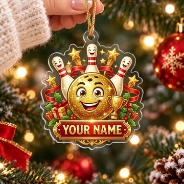 Maxcorners Bowling Happy Golden Bowling Ball Christmas Trophy Personalized Name Christmas Ornament