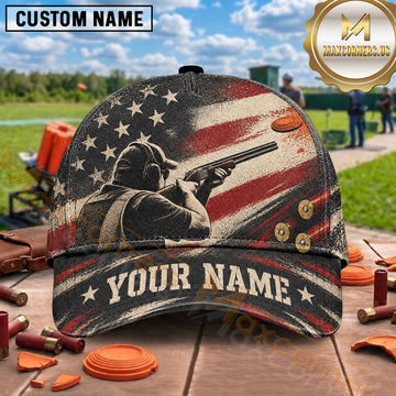 Maxcorners Trap Shooting American Flag Shooter Silhouette Multiple Options Personalized Name 3D Cap