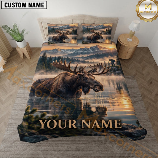 Maxcorners Moose Hunting Mountain Lake Sunset Wildlife Artwork Multiple Options Personalized Name 3D Printed Bedding Set