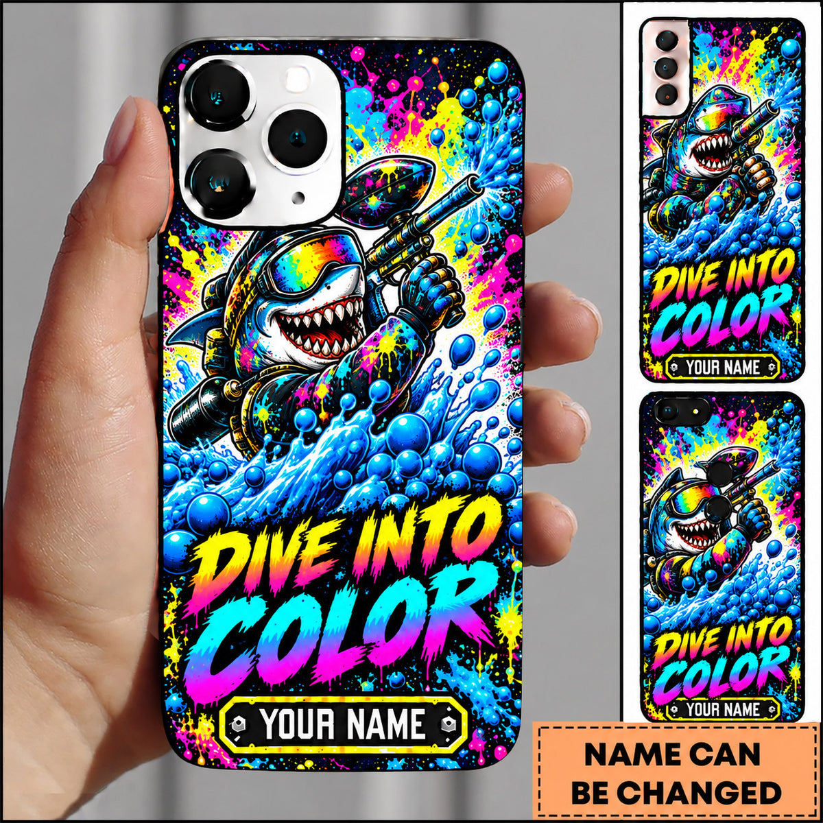 Maxcorners Paintball Dive Into Color Shark Personalized Name 3D Phone Case