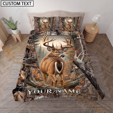 Maxcorners Custom Name Deer Hunting Bedding Set, Whitetail Buck Woodland Forest Camo Bedding, Personalized Hunter Gift for Hunter
