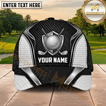 Maxcorners Golf Black Silver Crossed Clubs Shield Personalized Name 3D Cap