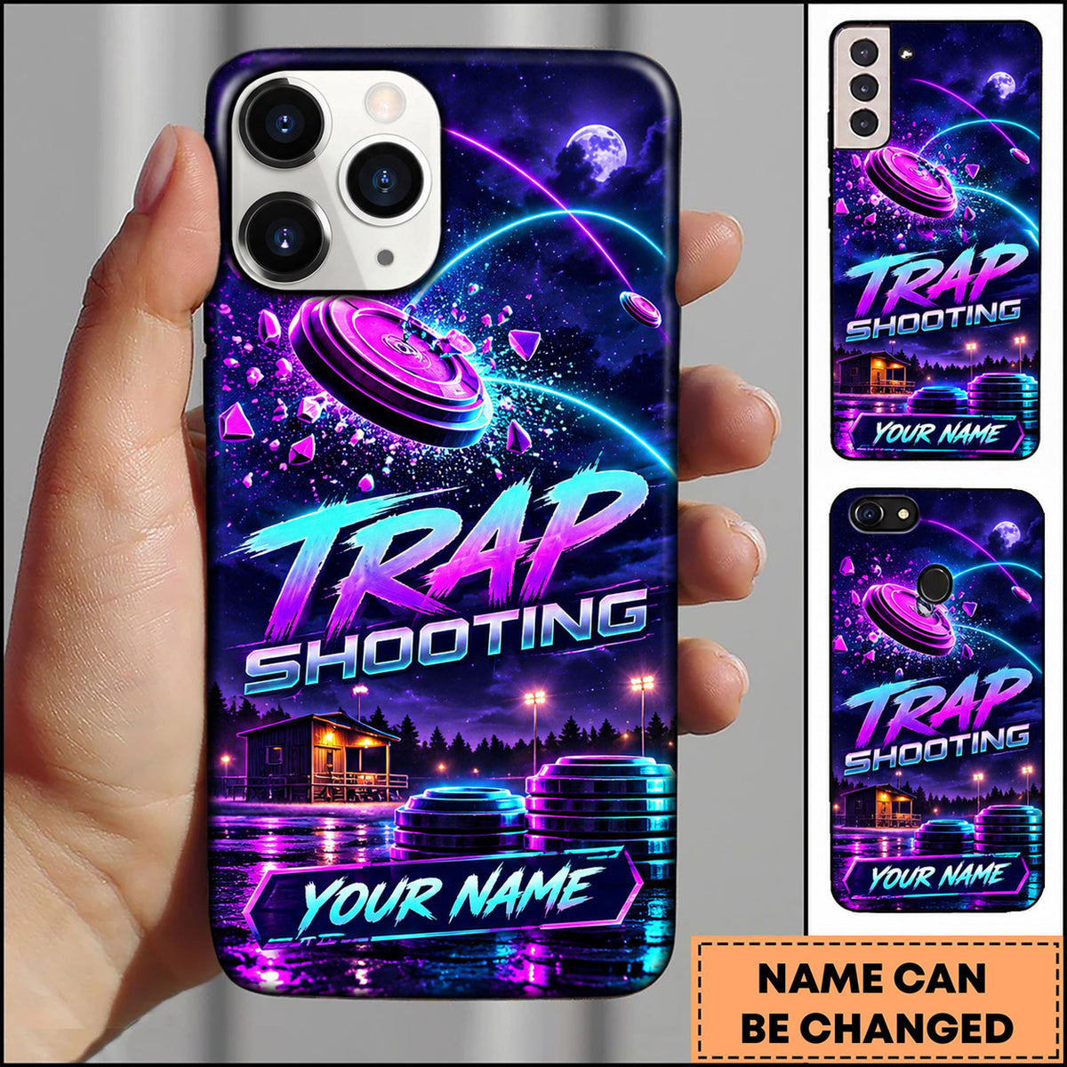 Maxcorners Trap Shooting Neon Galaxy Clay Target Personalized Name 3D Phone Case