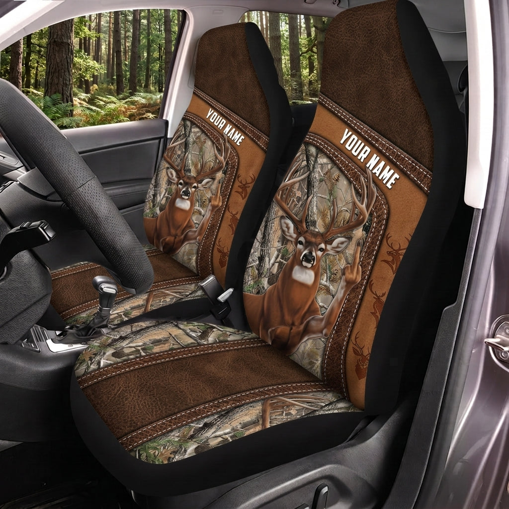 Maxcorners Deer Hunting Brown Leather Buck Panel Personalized Name Car Seat Covers